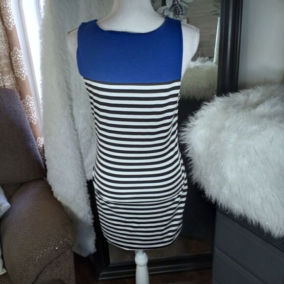 SOPRANO COBALT BLUE, BLACK & WHITE STRIPE DRESS SZ.M GUC - Picture 6 of 8